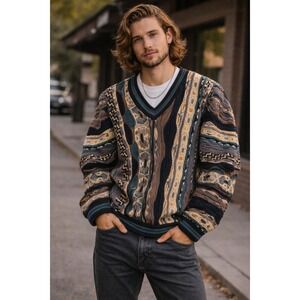 Vintage 90s Tundra Canada 3D Textured Knit Statement Sweater XLT Bohemian Grunge